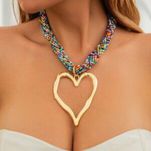 Heart Shape Alloy Beaded Women's Pendant Necklace